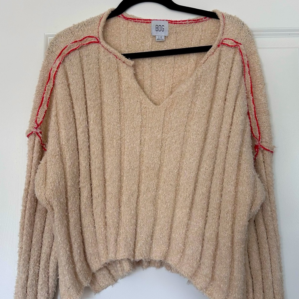 BDG Urban Outfitters (L) Cream Oversized Cropped Red Trim Sweater Bell Sleeve